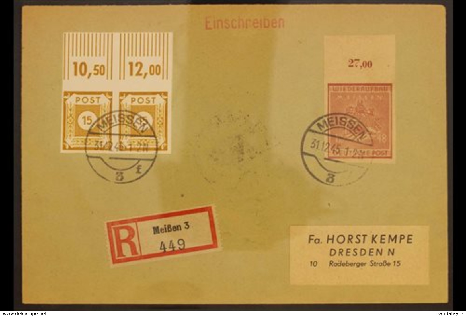 MEISSEN 1945 (31 Dec) Registered Cover Addressed To Dresden, Bearing Meissen 1945 12pf IMPERF Marginal Local Stamp (Mich - Autres & Non Classés