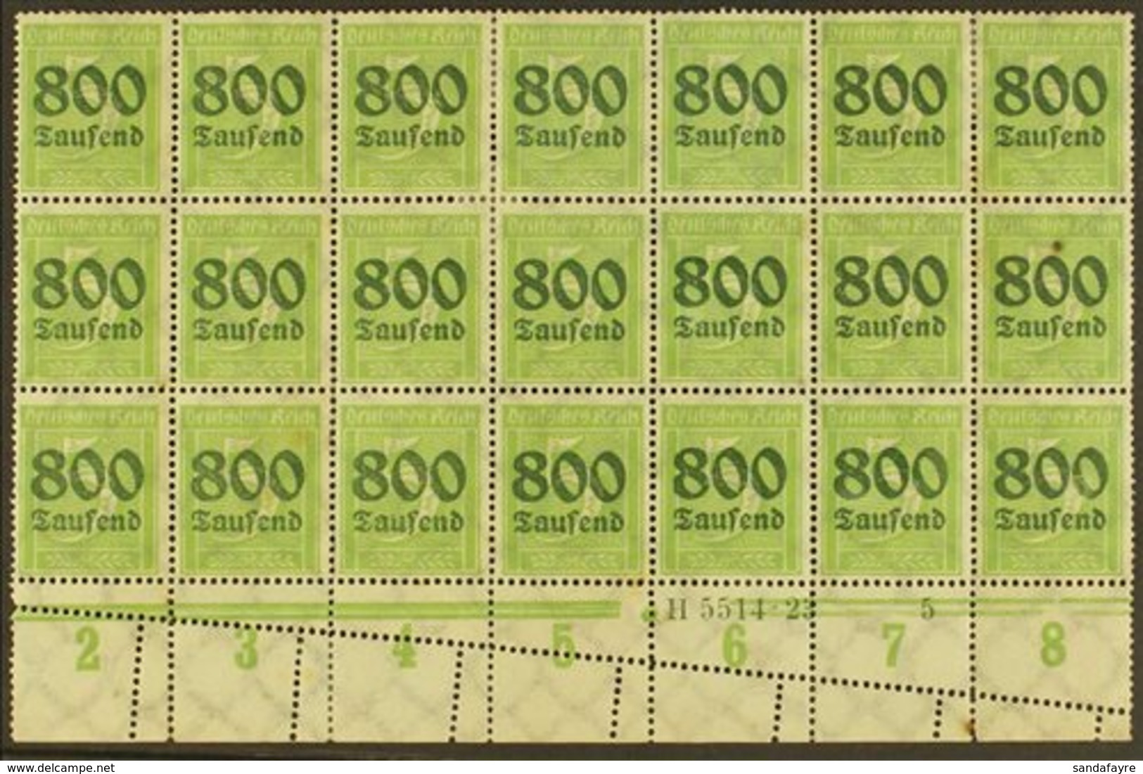 1923 PERFORATION ERROR. 800tsd On 5pf Apple Green (Michel 301, SG 294), Mint Lower Marginal BLOCK Of 21 (7x3) With Han N - Andere & Zonder Classificatie