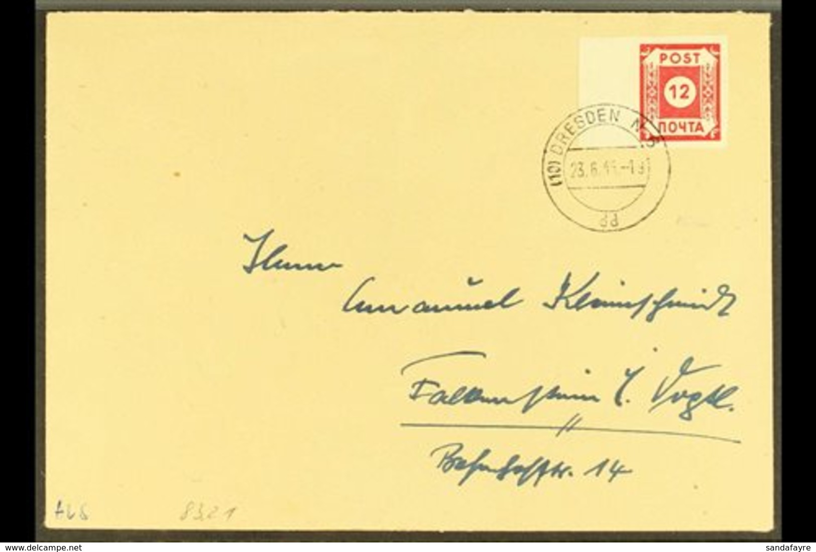 RUSSIAN ZONE EAST SAXONY 1945 (23 June) Cover Bearing 12pf Red (Mi BI, SG RE1) Left Marginal Example, Tied By Dresden Cd - Sonstige & Ohne Zuordnung