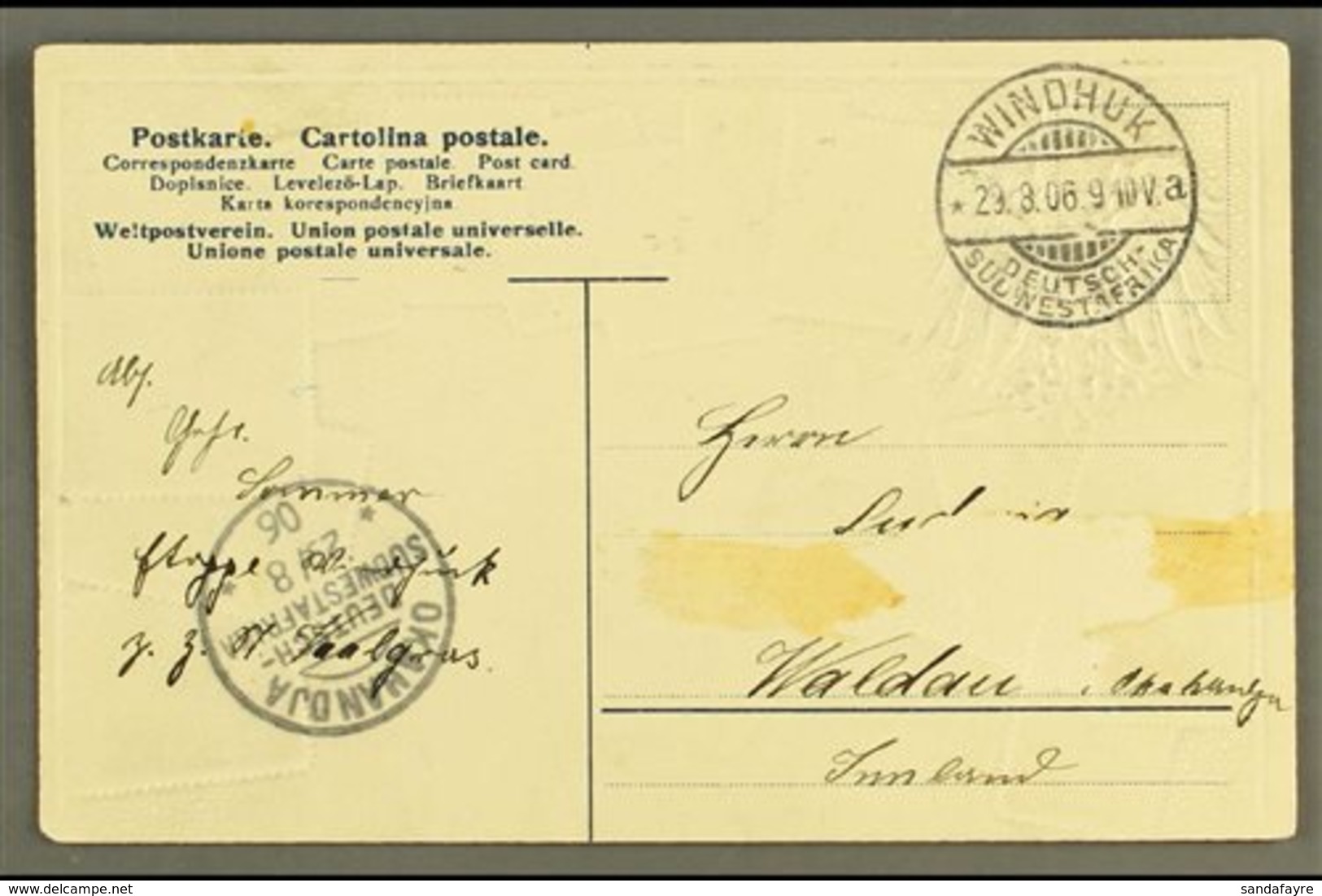 SOUTH WEST AFRICA 1906 (29 Aug) Stampless Ppc To Okahandja Showing Very Fine "WINDHUK" Cds With Very Fine "OKAHANDJA" Ar - Andere & Zonder Classificatie