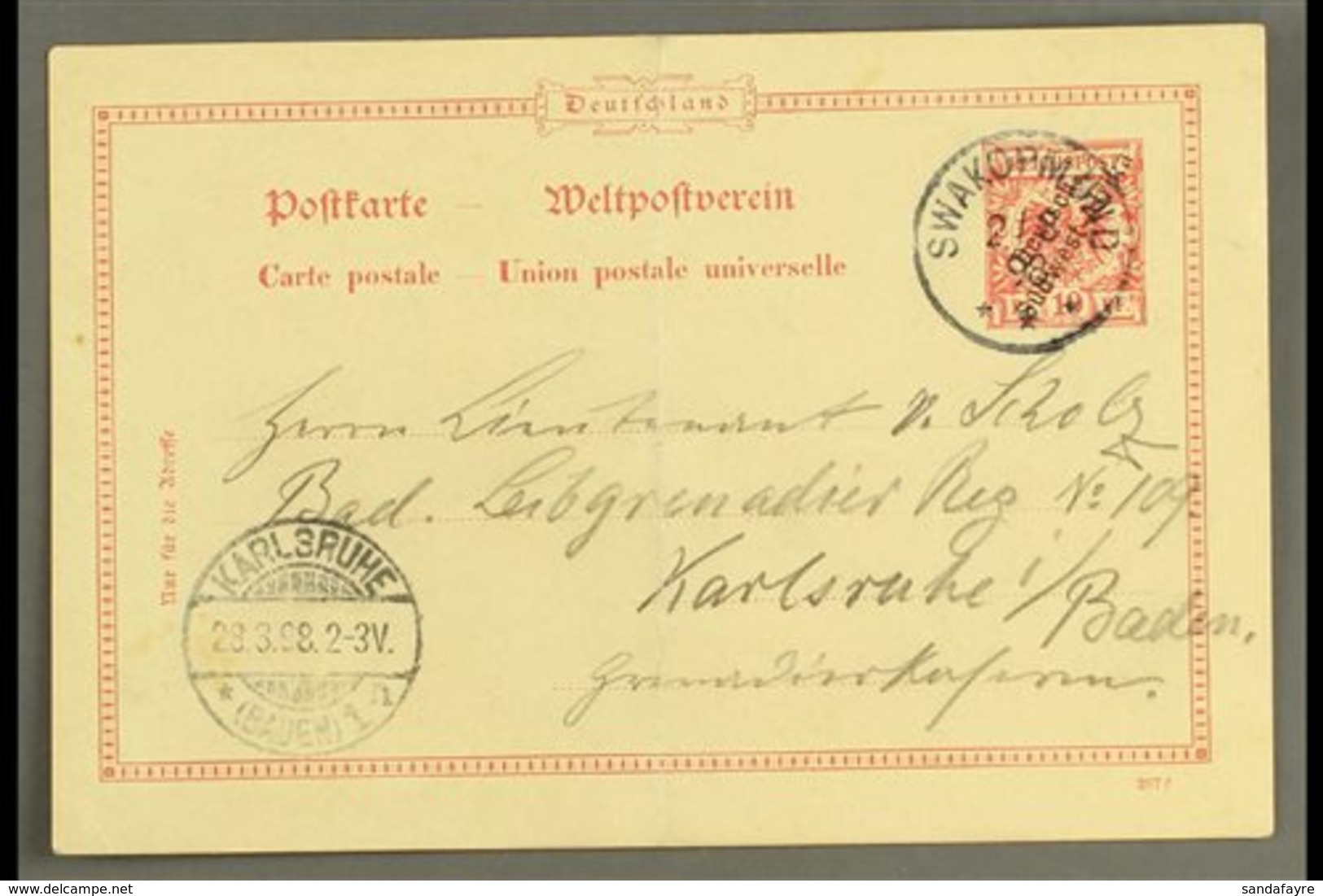 SOUTH WEST AFRICA 1898 (3 Mar) 10pf With Diagonal Opt Postal Stationery Card To Germany Cancelled By Fine "SWAKOPMUND" C - Autres & Non Classés