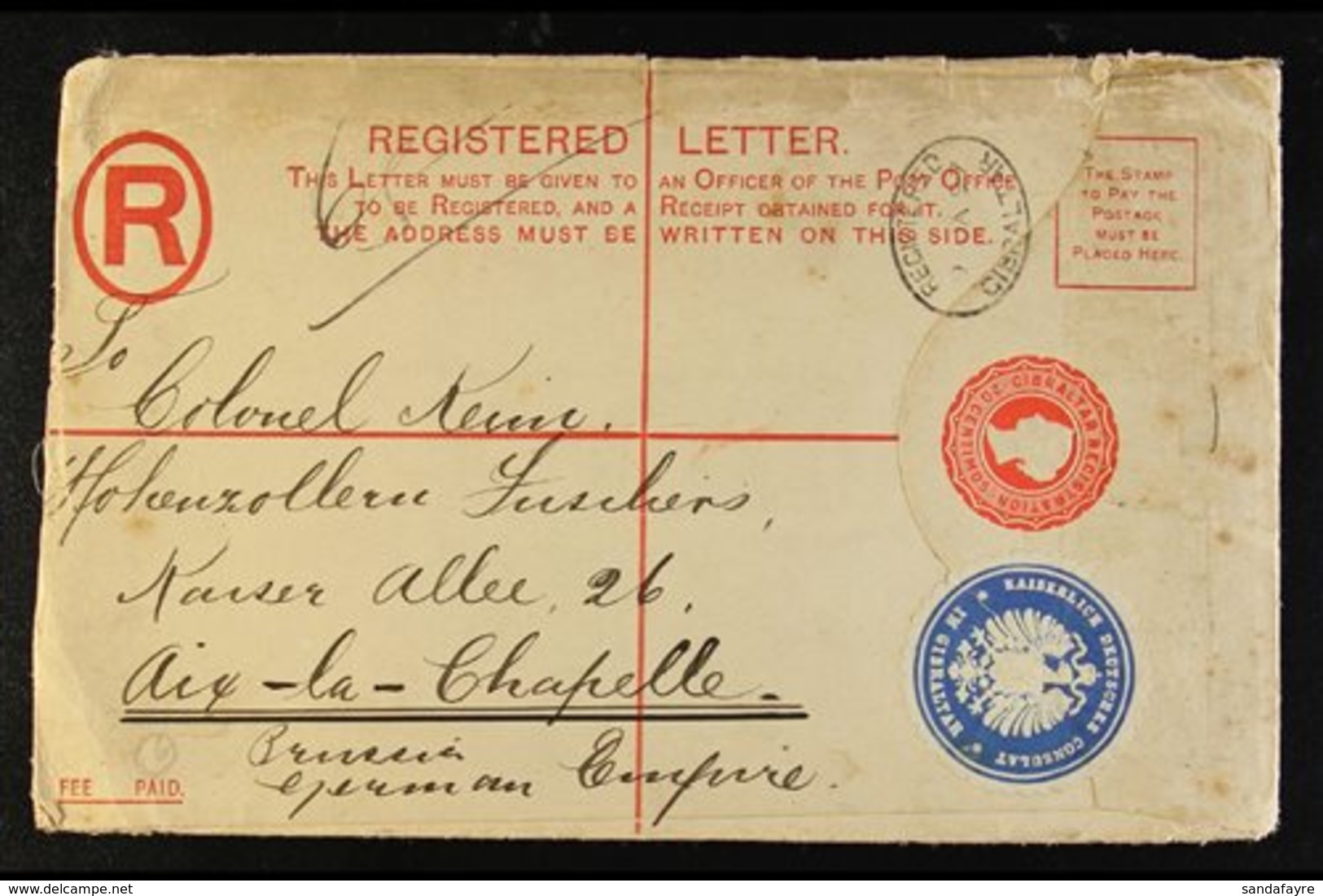 1897 GERMAN CONSULATE COVER. (9 Jan) 20c Postal Stationery Registered Envelope (H&G 9) Addressed To Germany, Cancelled B - Gibraltar