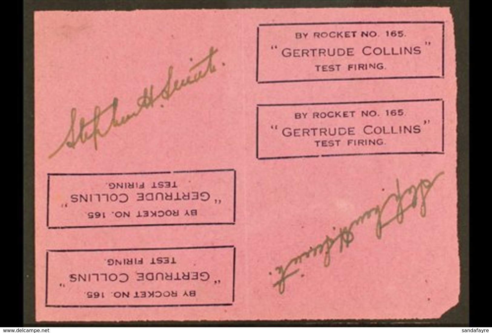 ROCKET MAIL 1938 Double Sided Sheetlet Of Tete Beche Blocks Of 2 Rocket Carriage Labels, Blue On Magenta Paper, Ellingto - Andere & Zonder Classificatie