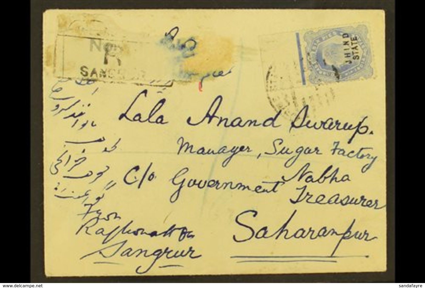 JHIND 1910 (14 Nov) Registered Cover From Sangrur To Saharanpur Bearing KEVII 2a6p Ultramarine (SG 47), Fine Marginal Ex - Autres & Non Classés