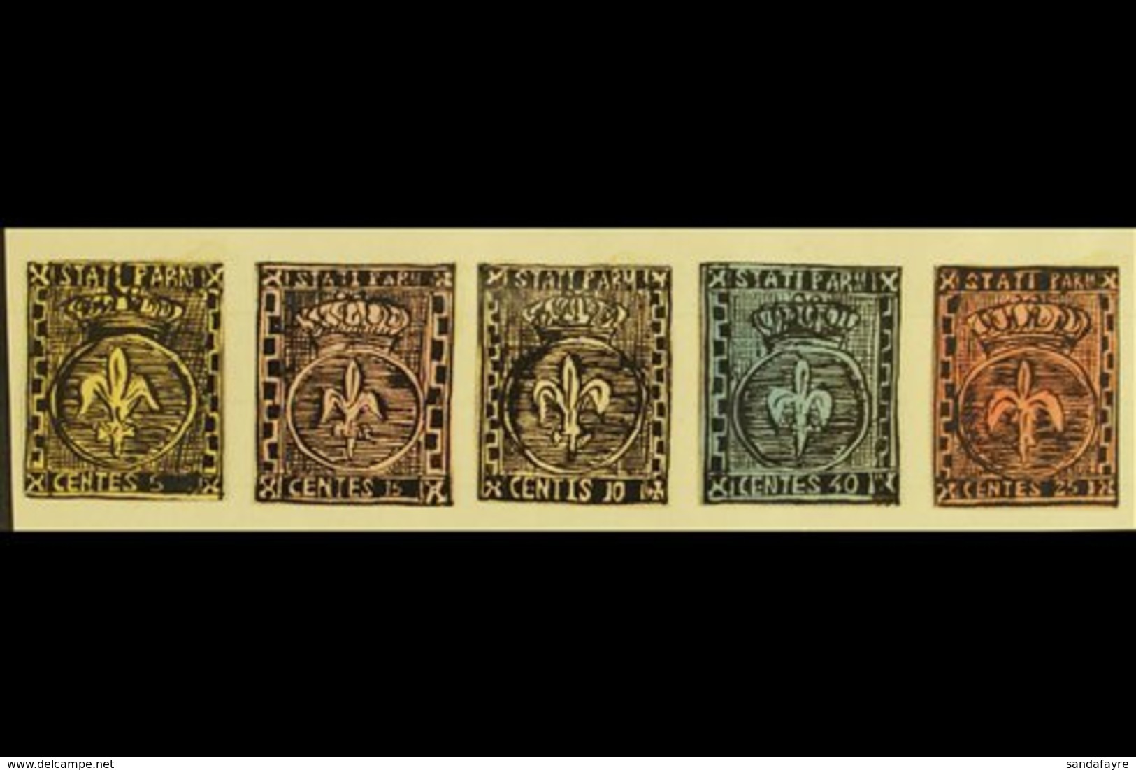 1861 HAND PAINTED STAMPS Unique Miniature Artworks Created By A French "Timbrophile" In 1861. PARMA Five Values, Similar - Zonder Classificatie