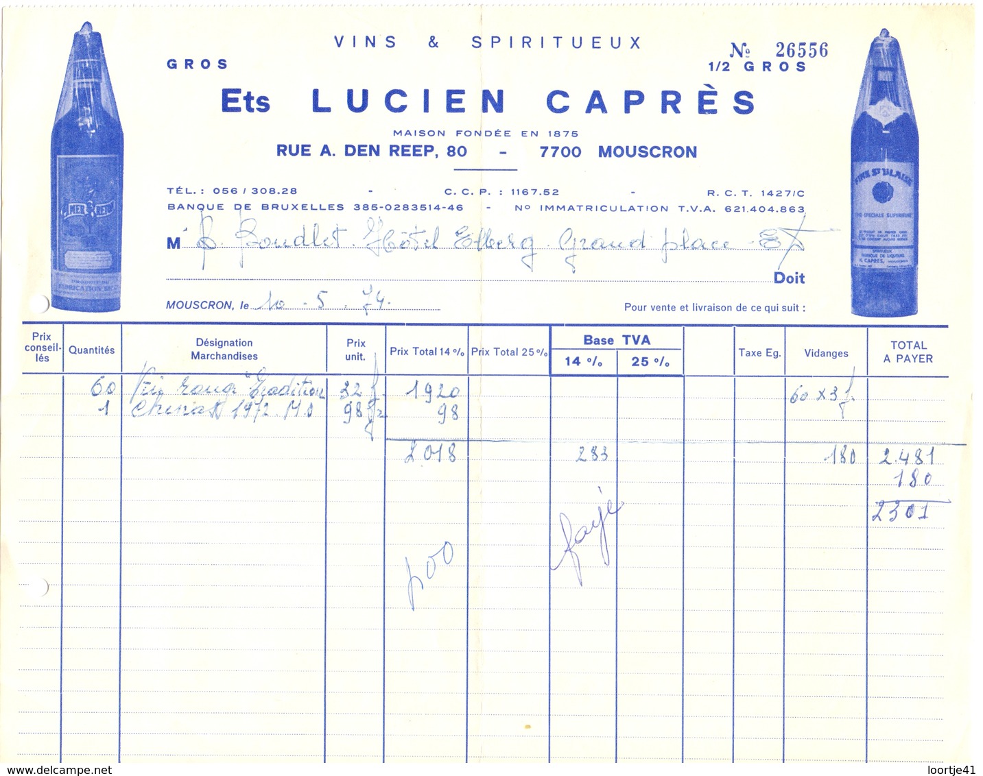 Factuur Facture - Vins & Spiritueux - Ets Lucien Caprès - Mouscron 1974 - Alimentaire