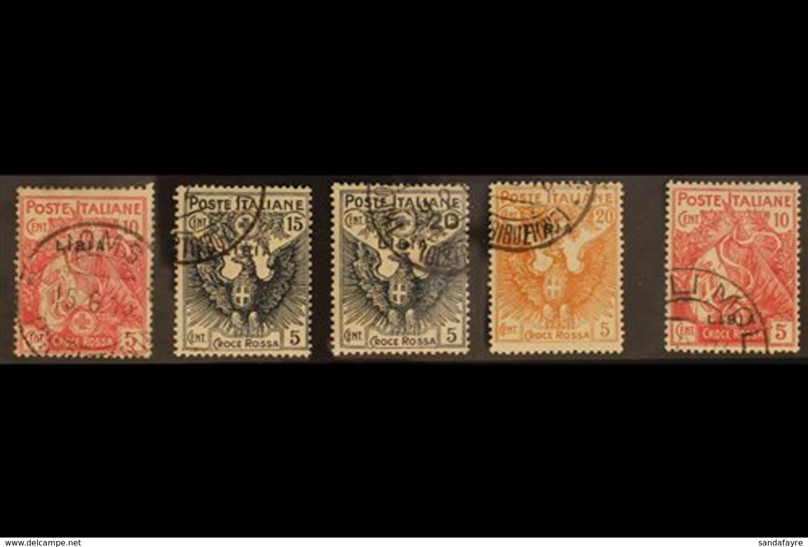 LIBYA 1915-16 Red Cross Set (Sass S. 3, SG 17/20), Plus 10c+5c With Overprint At Base (Sass 13c), Very Fine Used. (5 Sta - Other & Unclassified