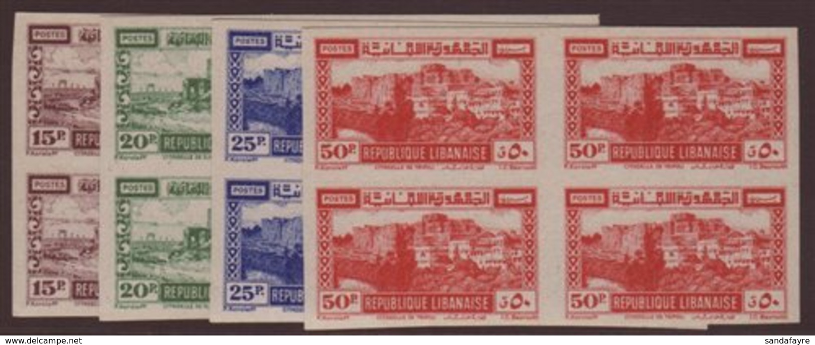 1945 Tourist Publicity Airpost Set, Variety "IMPERF BLOCKS OF 4", Maury 197/200, Superb NHM. (16 Stamps) For More Images - Lebanon