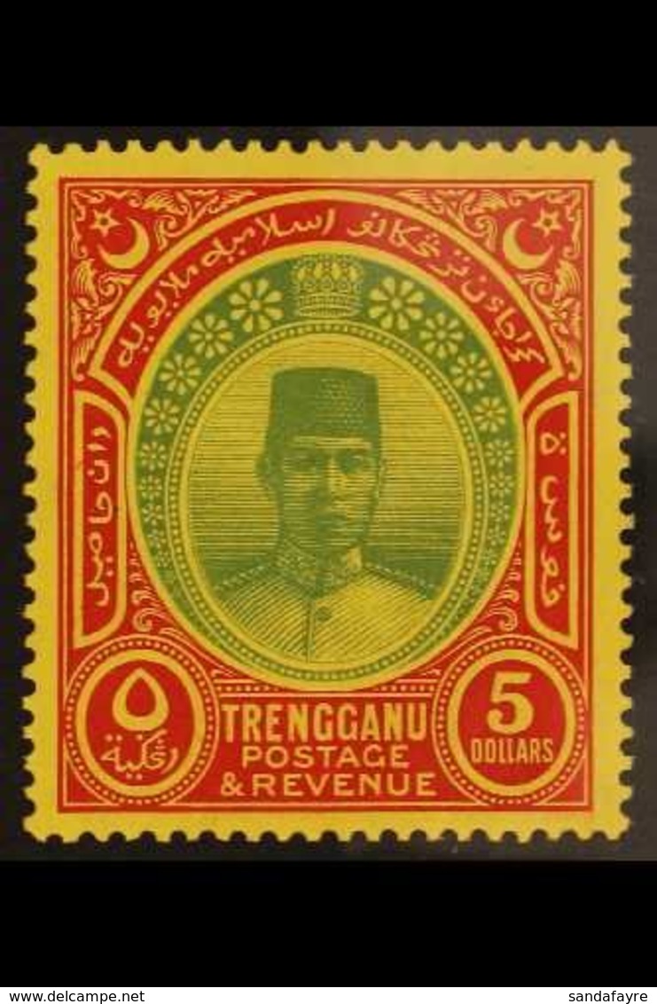 TRENGGANU 1921-41 (wmk Mult Script CA) $5 Green And Red/yellow, SG 44, Very Fine Mint. For More Images, Please Visit Htt - Andere & Zonder Classificatie