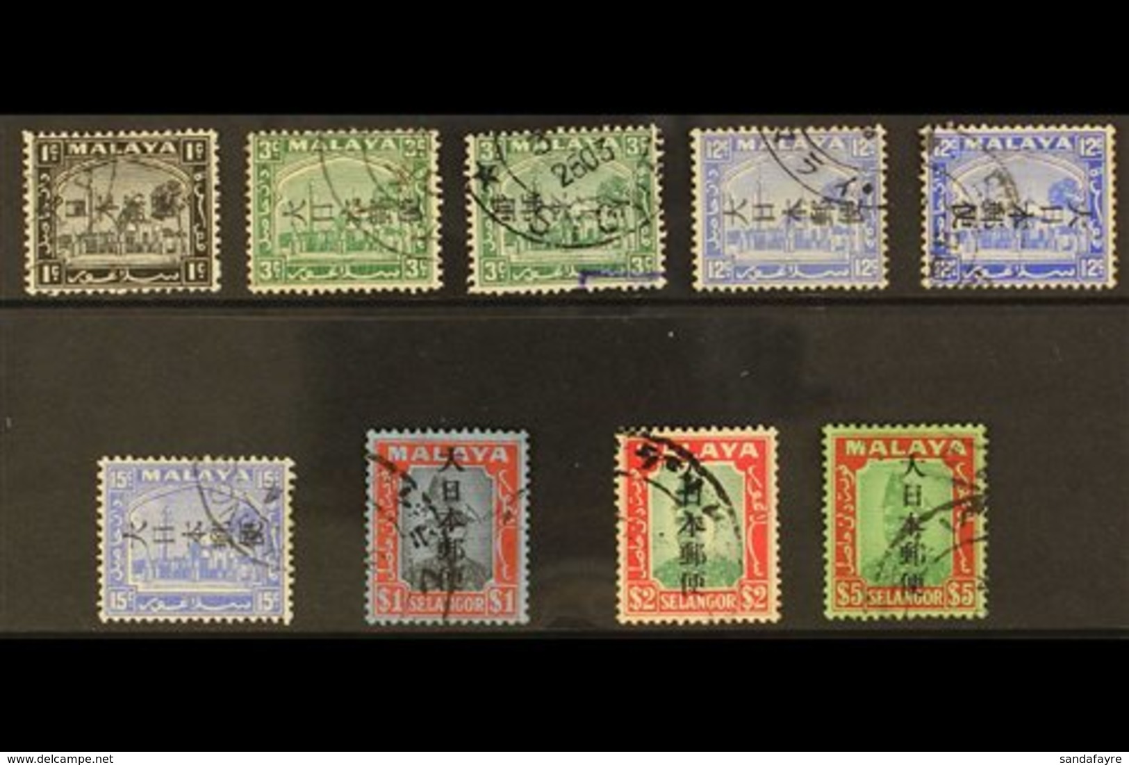 SELANGOR 1943 Kanji Overprinted Set, SG J281/87, Plus Additional Overprints Facing Right On 3c & 12c, Fine Used (9 Stamp - Other & Unclassified