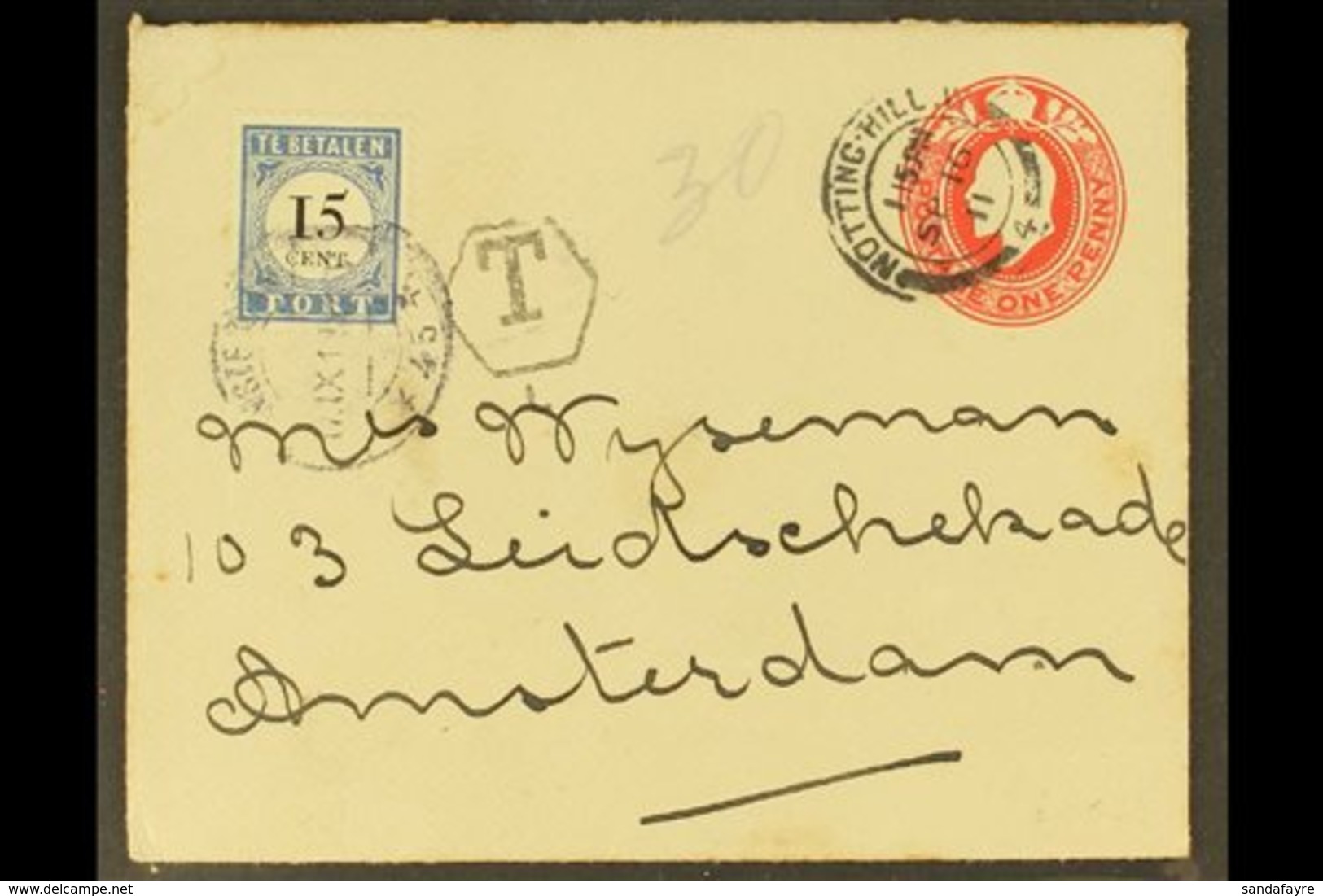 POSTAGE DUE 1911 1d Red Postal Stationery Envelope From England Bearing Postage Due 15c Stamp Tied By "Amsterdam" Cds, W - Altri & Non Classificati