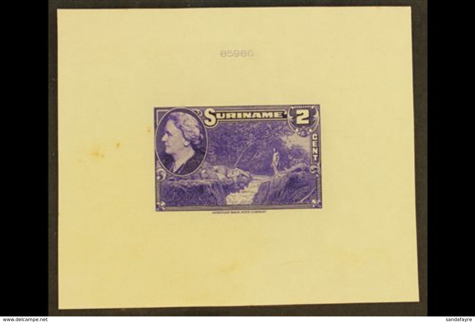 SURINAM 1945 2c Violet Native And Stream (as SG 315, Scott 186) - An American Bank Note Company DIE PROOF On Card, Overa - Andere & Zonder Classificatie