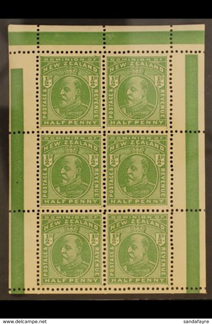 1909-12 KEVII ½d Green Booklet Pane Of Six With Coloured Bars On Selvedge, SG 387e, Very Fine Never Hinged Mint. For Mor - Andere & Zonder Classificatie