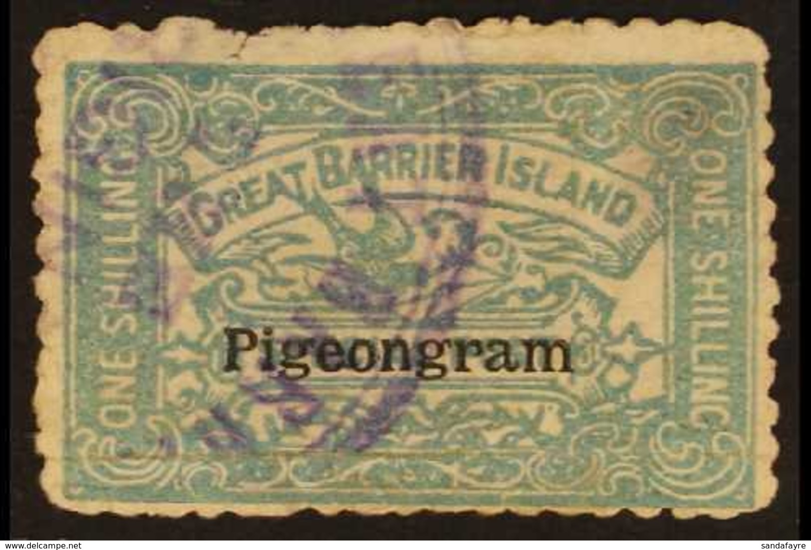 PIGEON POST RARITY. 1899 1s Blue - Green Overprinted "Pigeongram", CP VP3, Finely Used, Creased & Thinned With Minor Fau - Andere & Zonder Classificatie