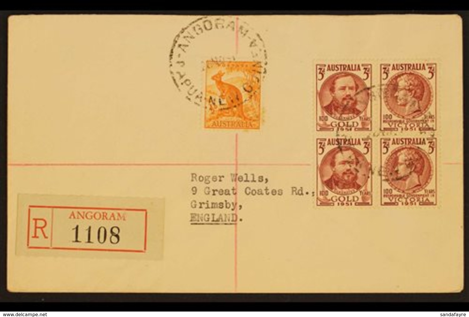 1951 (Nov) Cover To England Franked Australia ½d Defin & 3d Centenary Block Of Four Tied By ANGORAM Postmarks Plus Regis - Papouasie-Nouvelle-Guinée