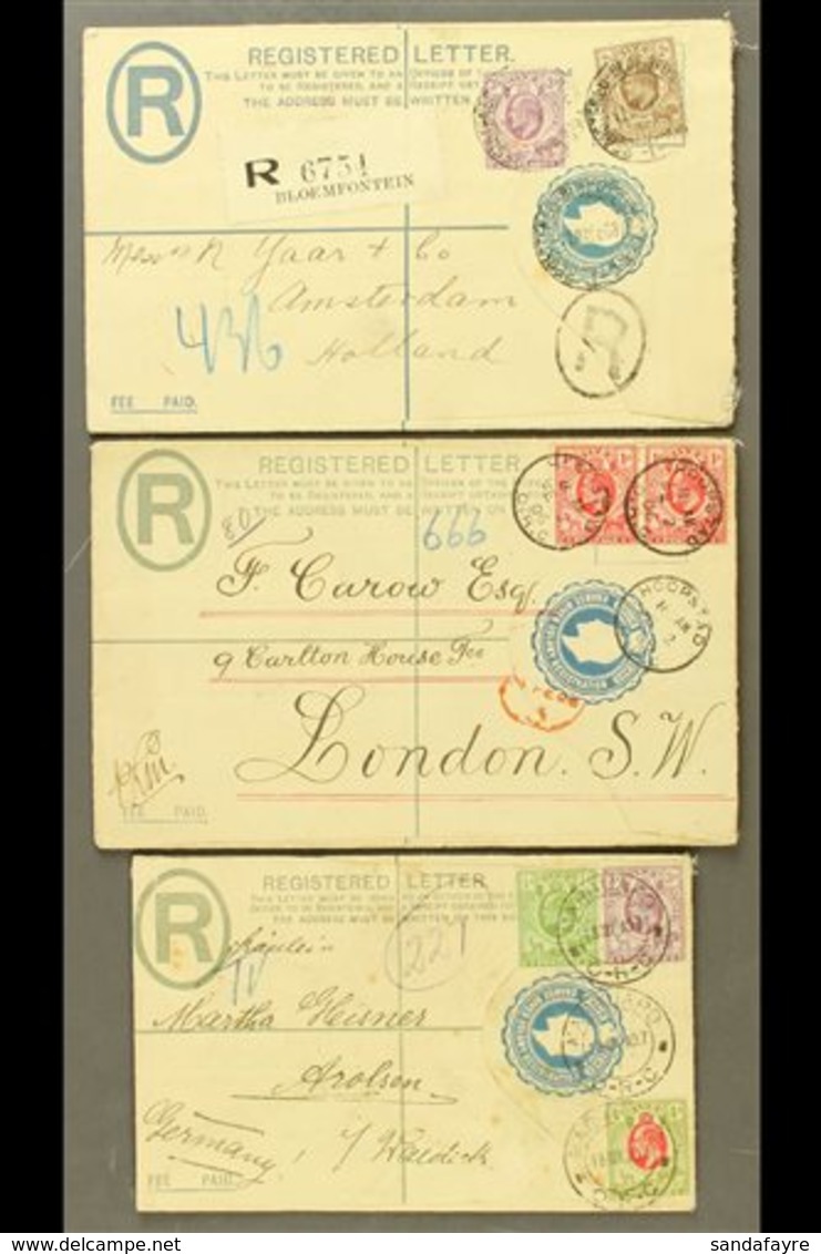 ORANGE RIVER COLONY 1906-1908 Three Used Postal Stationery 4d Registered Envelopes Addressed To England, Germany & Nethe - Non Classés