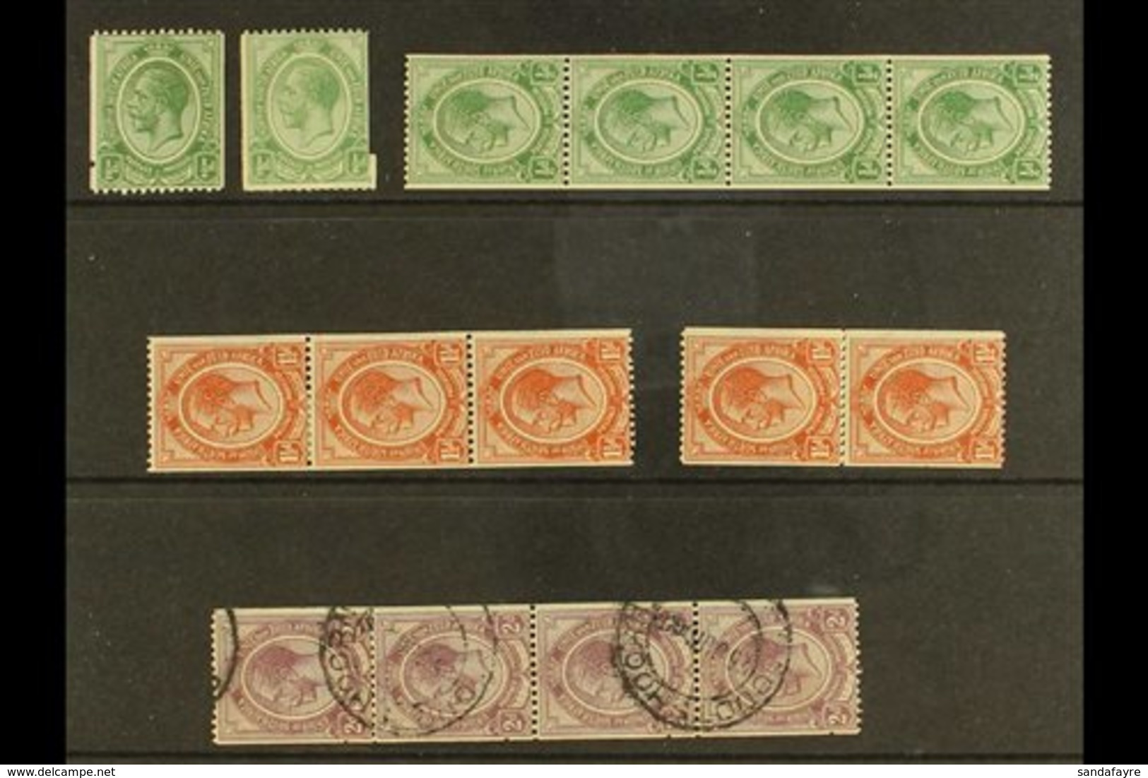 1913-24 Coil Stamps Range Incl. ½d With Perf Hole At Side, Miscut Example, Never Hinged Mint Strip Of 4, 1½d Strip Of 3, - Unclassified