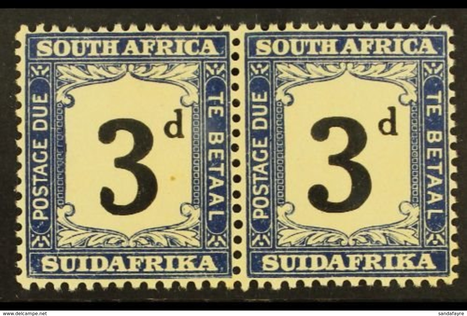 POSTAGE DUES 1927-8 3d Black & Blue, Horizontal Pair With WARPED "3" VARIETY, SG D20, Fine Mint. For More Images, Please - Non Classés