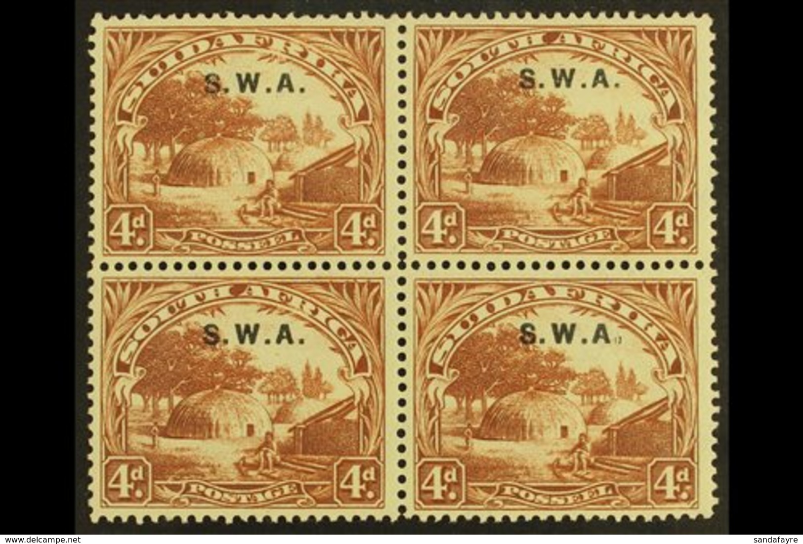 1927-30 4d Brown, Perf.14x13½, Broken Stop After "A" Variety, SG 62b, Very Fine/never Hinged Mint Block Of 4. For More I - Südwestafrika (1923-1990)