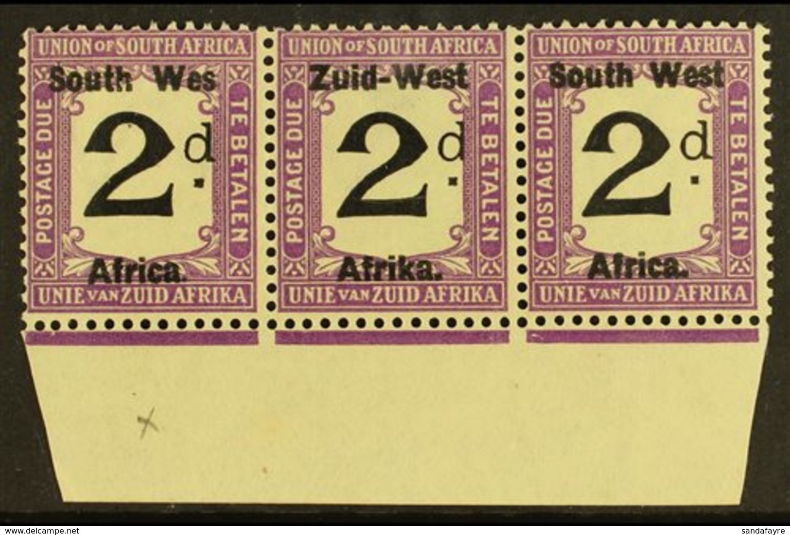 POSTAGE DUES 1923 2d Black And Violet, Marginal Strip Of 3, One Showing Variety "Wes For West", SG D3a, Very Fine NHM. F - Afrique Du Sud-Ouest (1923-1990)