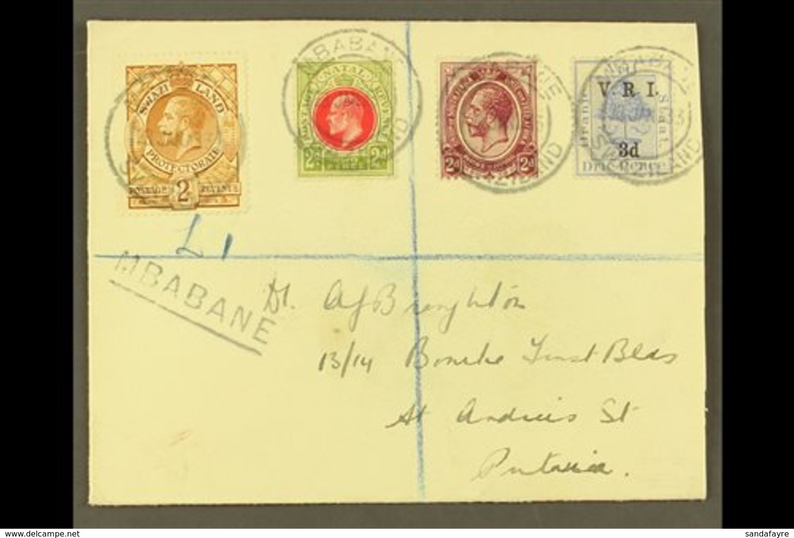 1933 (23 Jan) Registered Env From Mbabane To Pretoria Bearing Natal 2d, OFS 3d, SA 2d & Swaziland 2d Stamps Tied Mbabane - Swaziland (...-1967)