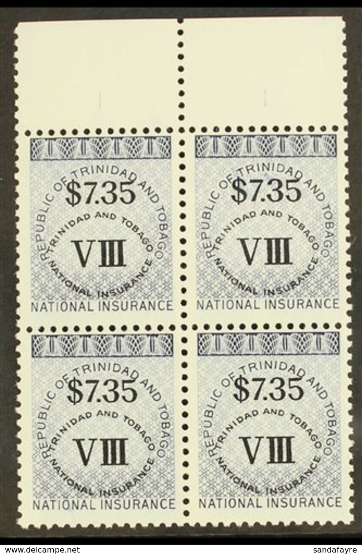 REVENUES NATIONAL INSURANCE 1990 $7.35 Class VIII Error In Dark Blue, Barefoot 14, Never Hinged Mint BLOCK OF 4. For Mor - Trinidad & Tobago (...-1961)