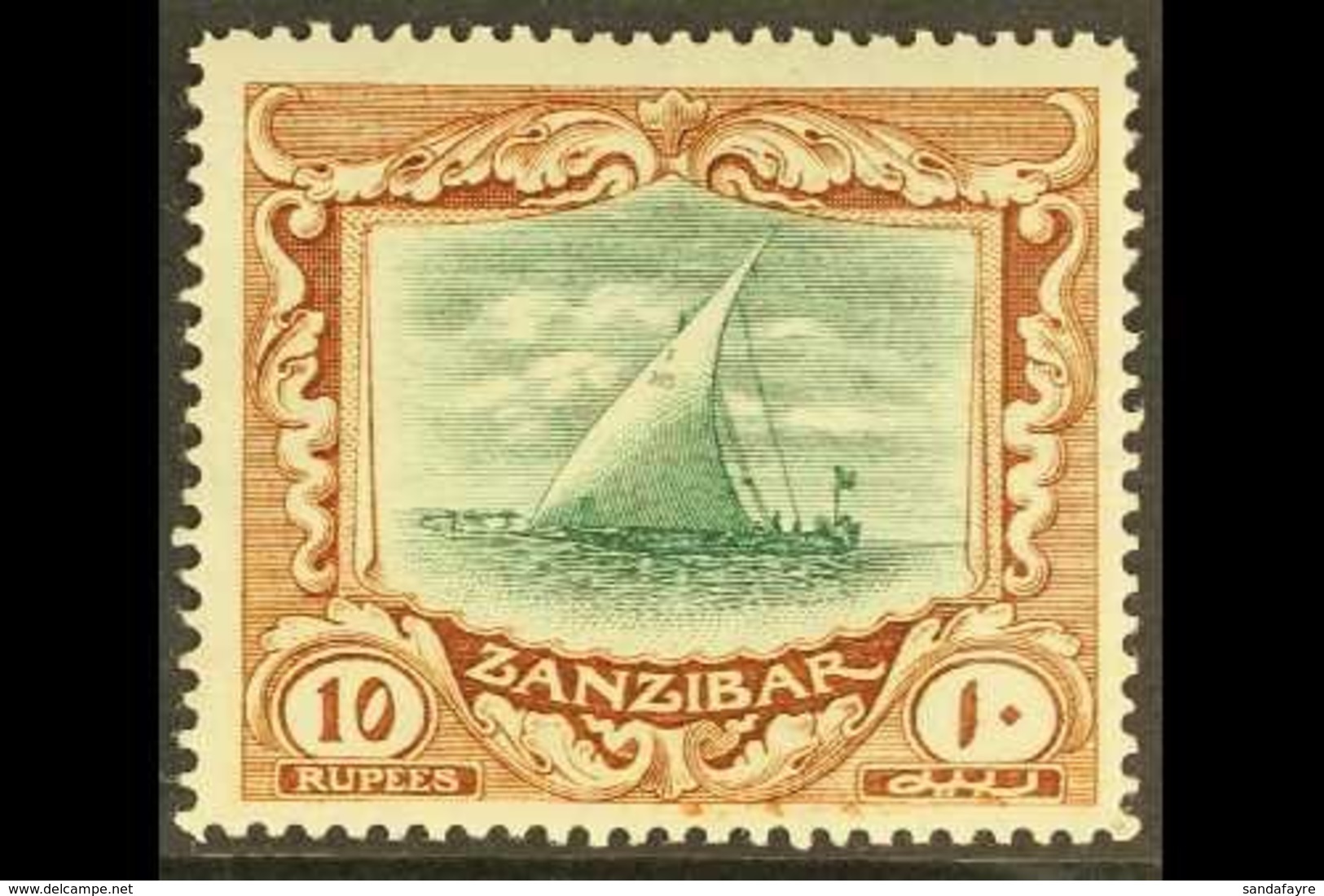 1913 10r Green And Brown "Dhow", SG 260, Fine Mint. For More Images, Please Visit Http://www.sandafayre.com/itemdetails. - Zanzibar (...-1963)