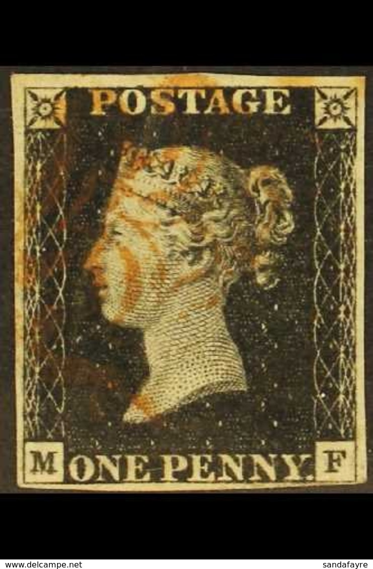 1840 1d Black 'MF' Plate 1b, DOUBLE LETTER "M", SG 2 (Spec AS5f), Used With 4 Margins & Very Fine Red MC Cancellation. F - Zonder Classificatie