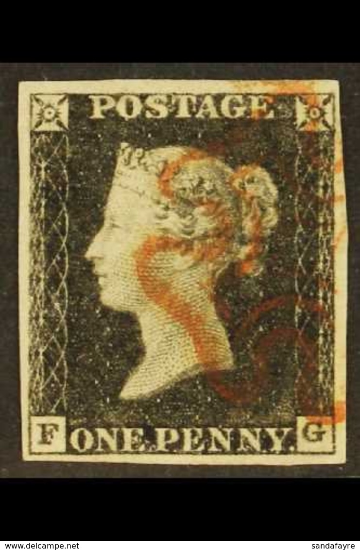 1840 1d Black 'FG' Plate 1a, SG 2, Used With 4 Margins & Lovely Red MC Cancellation Leaving The Profile Clear. A Particu - Non Classés