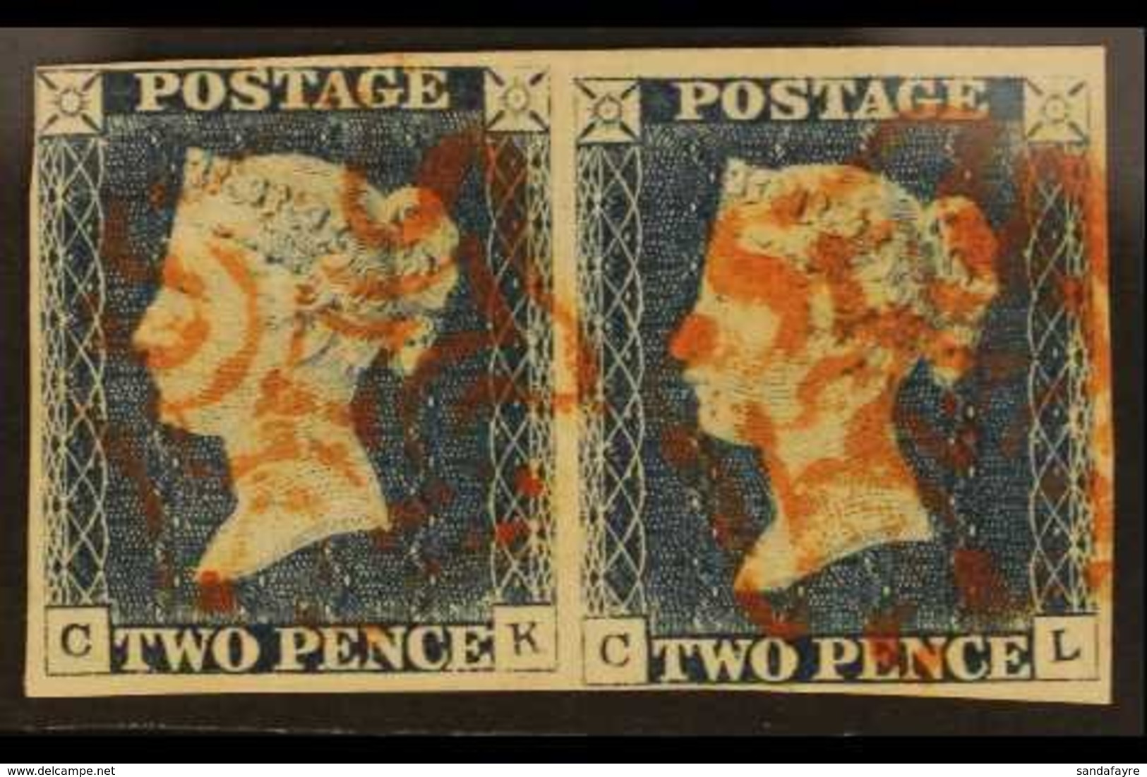 1840 2d Steel Blue Plate I, SG Spec. D1 (5), Horizontal Pair "CK-CL", Four Clear To Large Margins And Neat Red Maltese C - Other & Unclassified