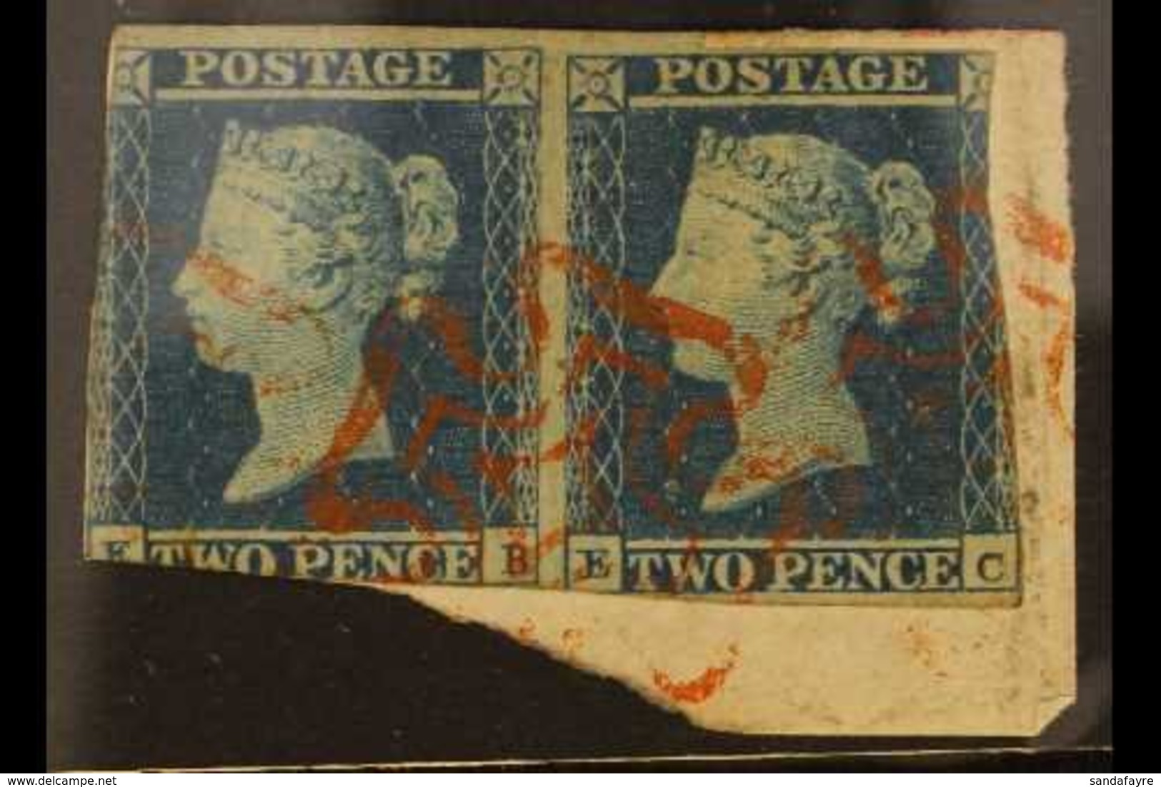 1841 2d Blue Plate 3 PAIR Cancelled & Tied To Piece By RED MALTESE CROSS Cancellations, SG 14e, Unpriced By SG And Rarer - Sonstige & Ohne Zuordnung