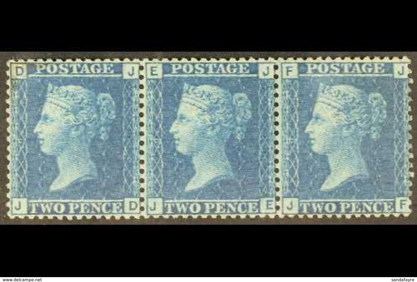 1858-76 2d Blue, Plate 9, "J D - J F" STRIP OF THREE, SG 45, Very Fine Mint, Well Centred. Wonderful Piece. For More Ima - Altri & Non Classificati