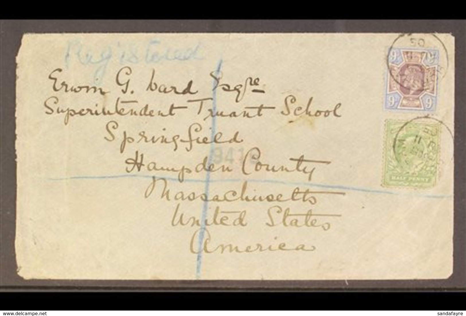 1905 (11 Aug) Registered Cover Addressed To USA, Bearing ½d & 9d KEVII Stamps Tied By "Horsham" Cds's, Plus Five Transit - Zonder Classificatie