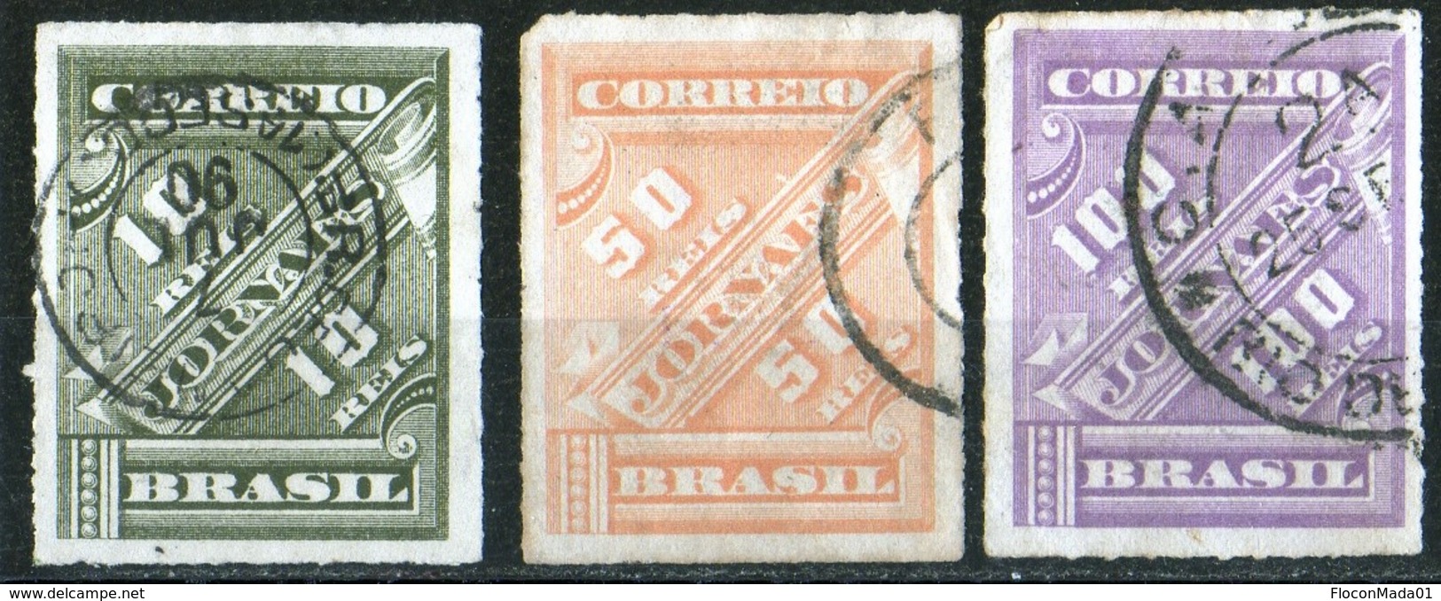 Brésil 1889 Chiffres Obliques, Reis 10 Dark Grey Olive, 50 Orange Brown, 100 Violet, J 10, 11, 12   Excellent Condition - Oblitérés