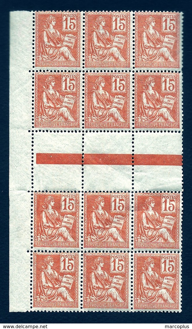 CP 8- SUPERBE BLOC 12 TIMBRES MOUCHON 15c N° 117 NEUF** TTB- BORD DE FEUILLE + PANNEAU INTERCALAIRE AVEC TRAIT- 2 SCANS - 1900-02 Mouchon