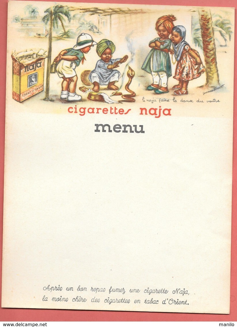 Menu Publicitaire Chromo-lithographié, Vierge CIGARETTES NAJA -illustré Par GERMAINE BOURET -TABAC D'ORIENT-CASQUE COLON - Menus