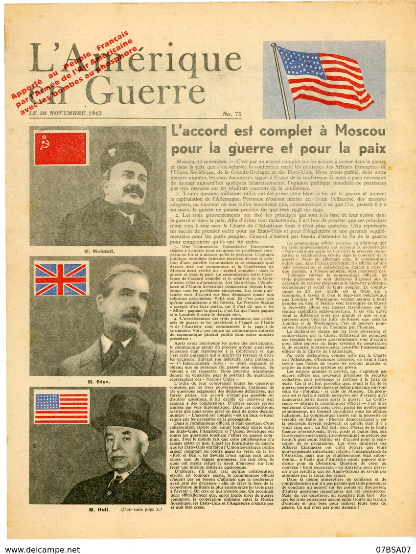 PROPAGANDE VICHY 1943 IMMITANT TRACTS USA " APPORTE AU PEUPLE FRANCAIS PAR L'ARMEE AMERICAINE AVEC LES BOMBES PHOSPHORE. - 1921-1960: Période Moderne