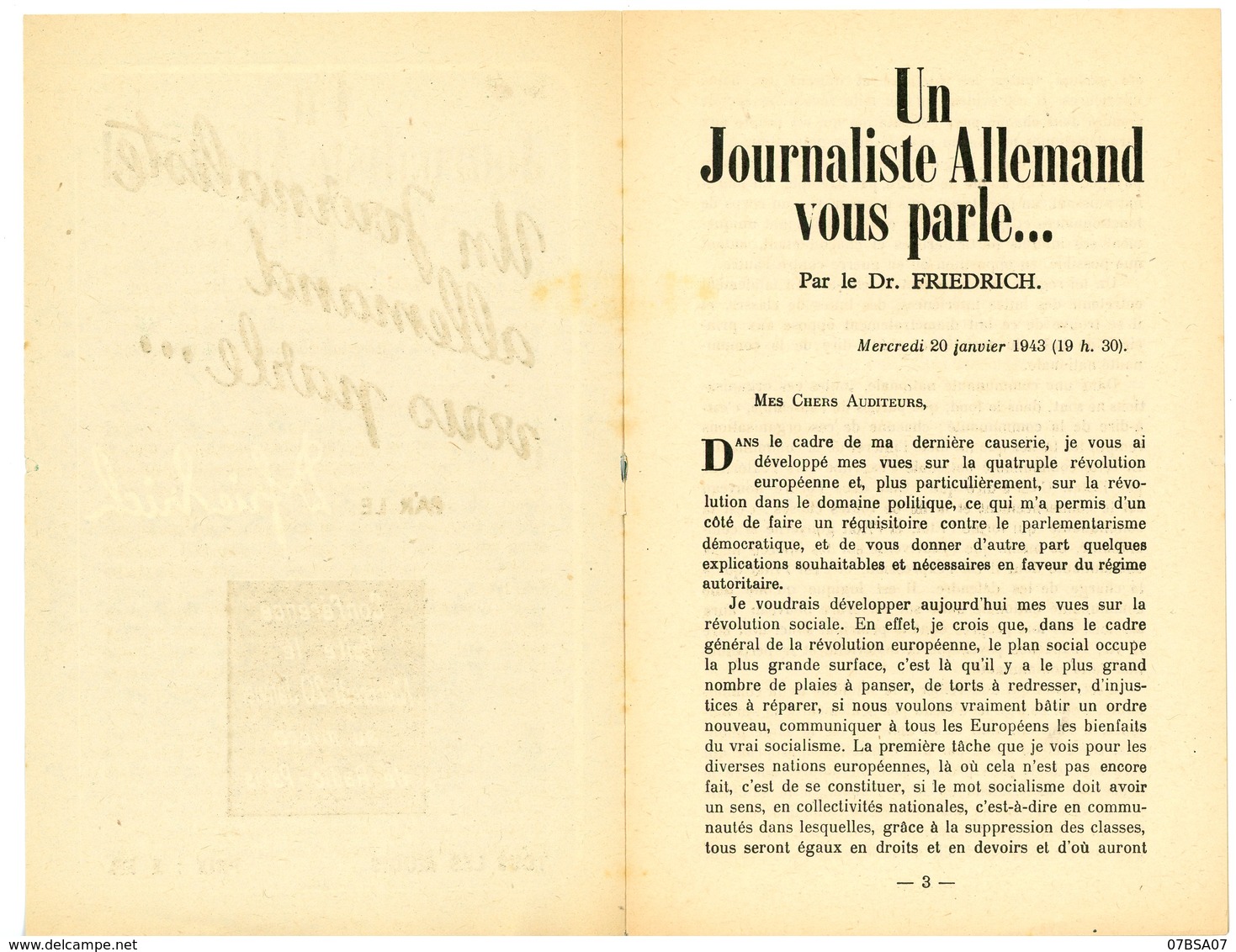 20 JANVIER 1943 UN JOURNALISTE ALLEMAND VOUS PARLE CONFERENCE AU MICRO DE RADIO-PARIS PAR LE DR FRIEDRICH ( PRO VICHY PR - 1921-1960: Periodo Moderno