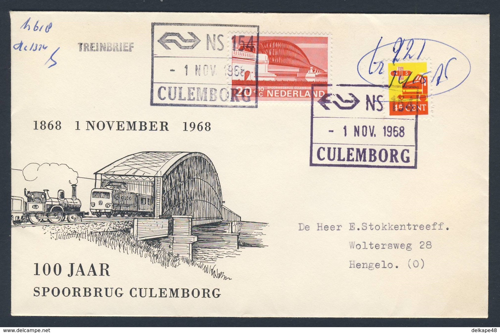 Nederland Netherlands Pays Bas 1968 Cover Brief Enveloppe - TREINBRIEF - 100 Jaar Spoorbrug Culemborg / Eisenbahnbrücke - Treinen