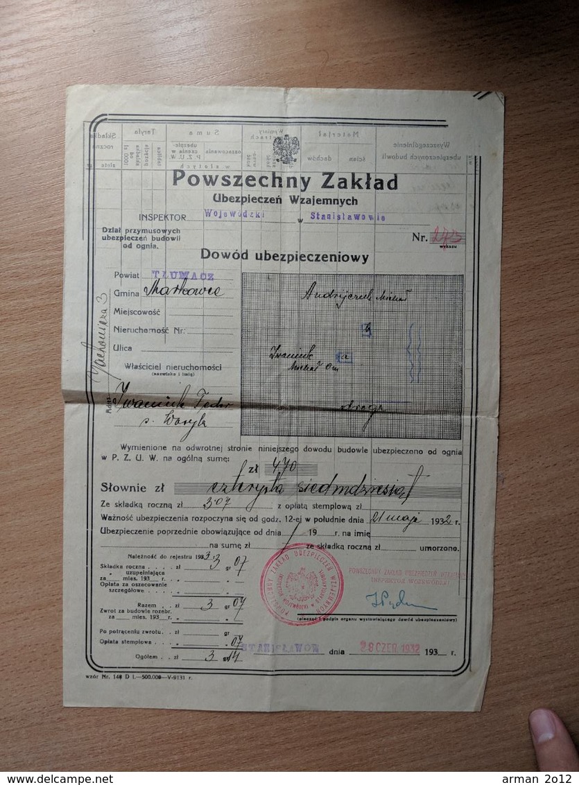 Insurance Poland Ukraine Stanislawow Tlumacz 1932 - Other & Unclassified