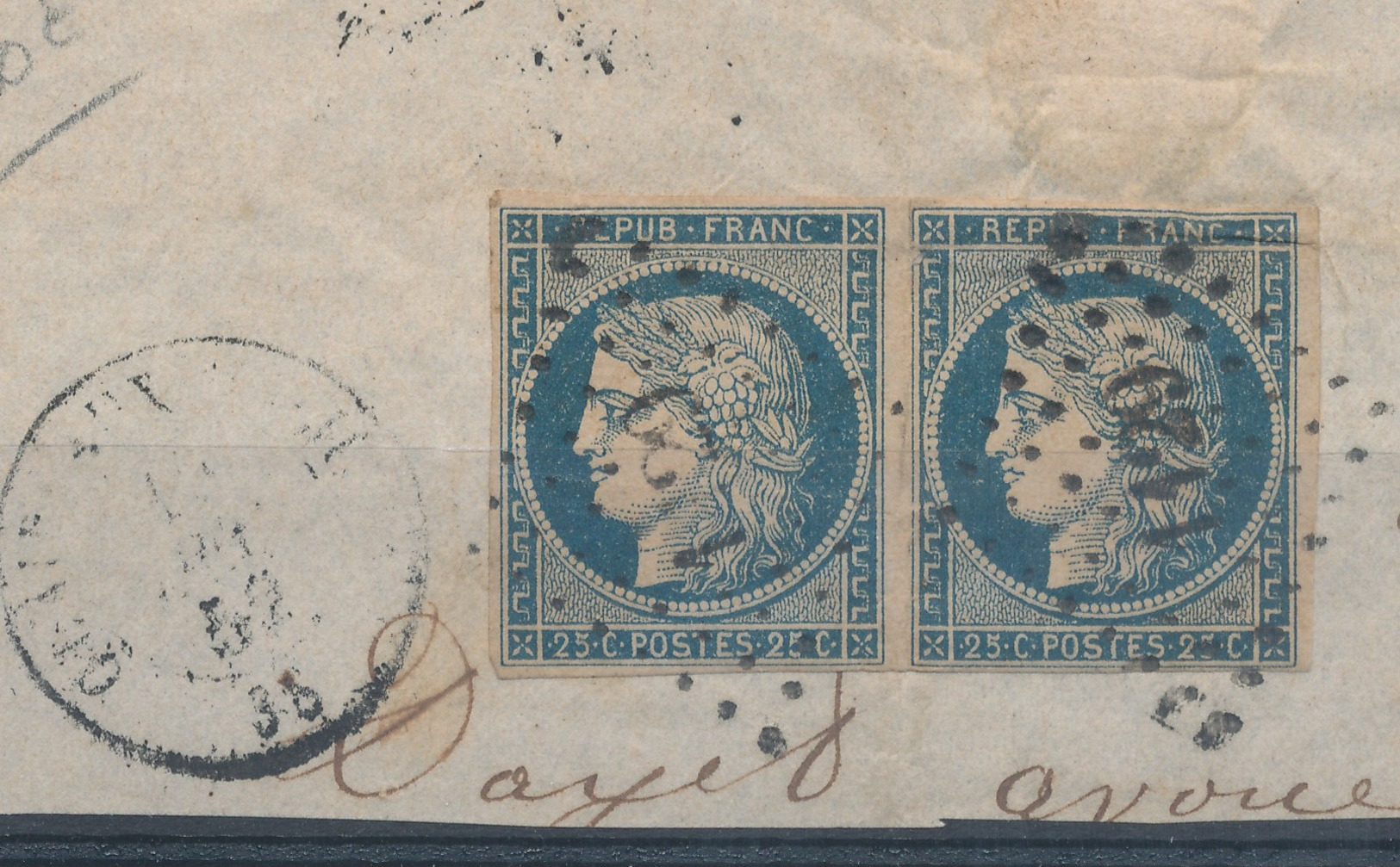 N°4 PAIRE BLEU FONCE SUR FRAGMENT. - 1849-1850 Ceres