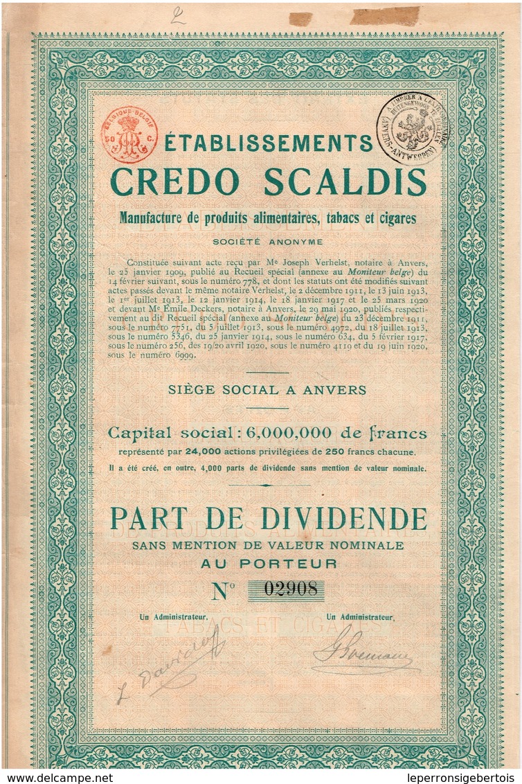 Titre Ancien - Etablissements Credo Scaldis - Manufacture De Produirts Alimentaires, Tabacs Et Cigares - Titre De 1920 - Autres & Non Classés