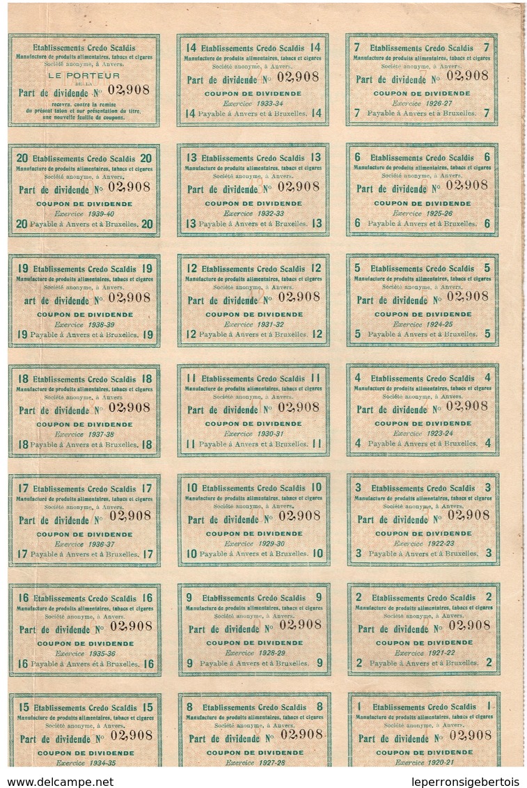 Titre Ancien - Etablissements Credo Scaldis - Manufacture De Produirts Alimentaires, Tabacs Et Cigares - Titre De 1920 - Autres & Non Classés