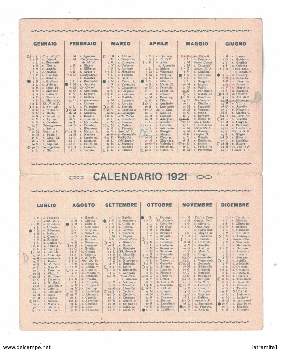 CALENDARIETTO  LA REALE ASSICURAZIONE 1921  SEMESTRINO - Altri & Non Classificati