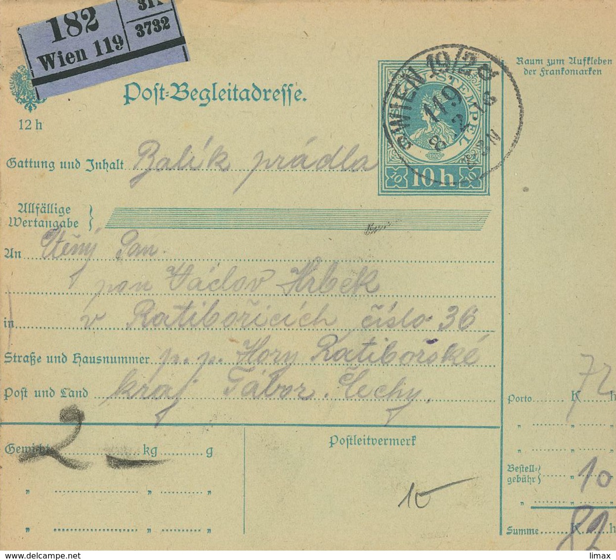 Paketkarte Wien Nach Tabor 1916 (rs: Bergstadtl Hory Ratiborske) - Covers & Documents