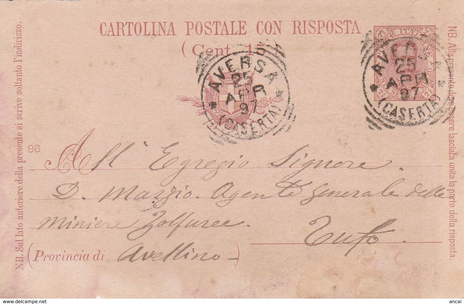 Aversa. 1897. Annullo Tondo Riquadrato AVERSA (CASERTA), Su Cartolina Postale Con Testo - Marcophilia