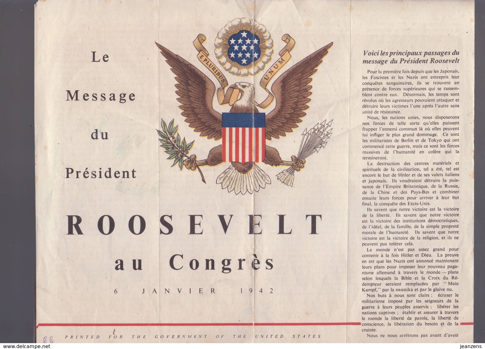 Message Du Président ROOSEVELT Au Congrès 06 Janvier 1942 - Documents Historiques