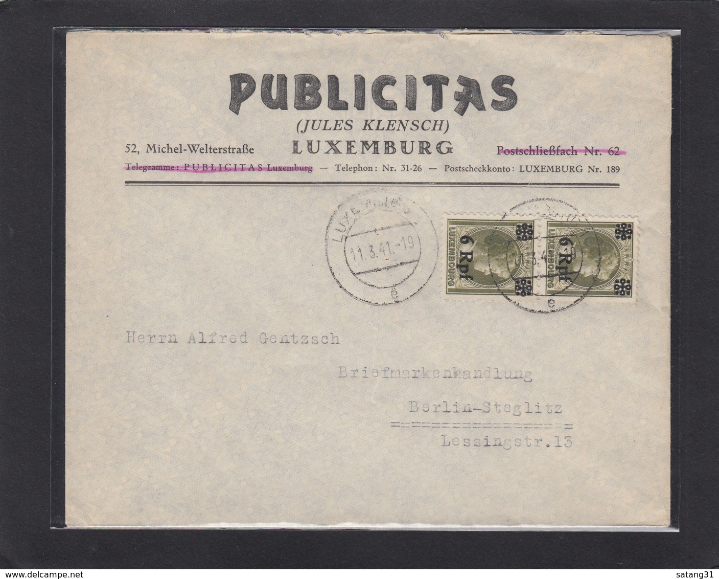 "PUBLICITAS" (JULES KLENSCH)LUXEMBURG. - 1940-1944 Deutsche Besatzung