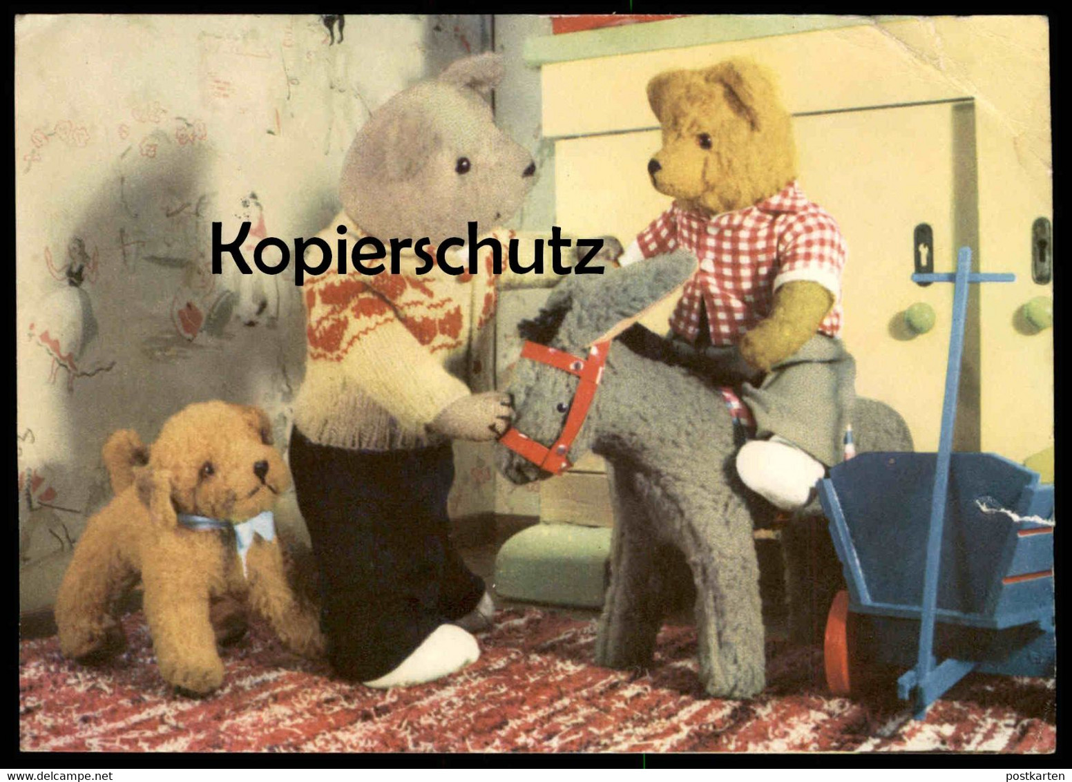 ÄLTERE GLÜCKWUNSCH POSTKARTE TEDDY BÄR VERMENSCHLICHT ESEL HUND DDR Stofftier Bear Ours Dog Chien Donkey Ane AK Postcard - Bären