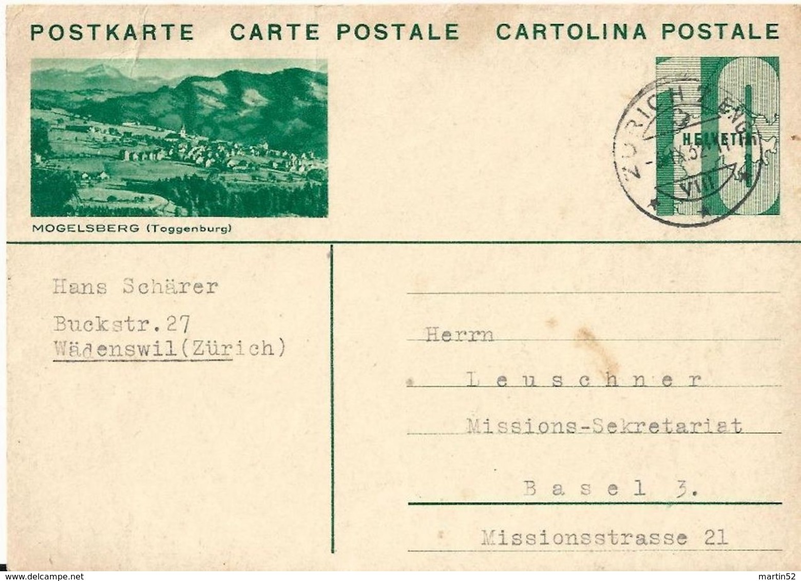 Schweiz Suisse 1932: Bild-PK / CPI "MOGELSBERG (Toggenburg)" Mit O ZÜRICH 3.IX.1932 Nach Basel - Entiers Postaux